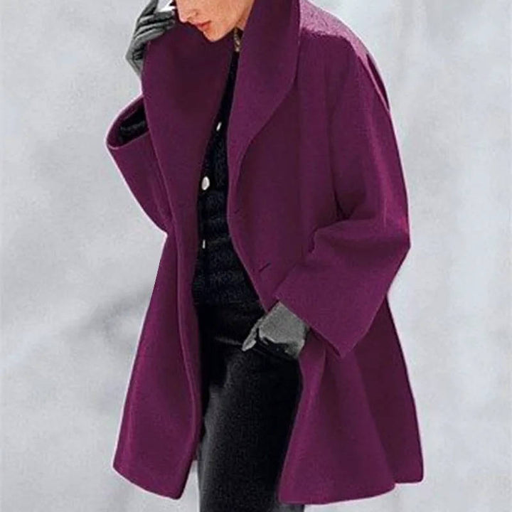 Rosalind purple shawl collar longline wool coat, side view