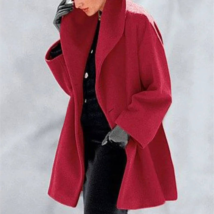 Rosalind red shawl collar longline wool coat, side view