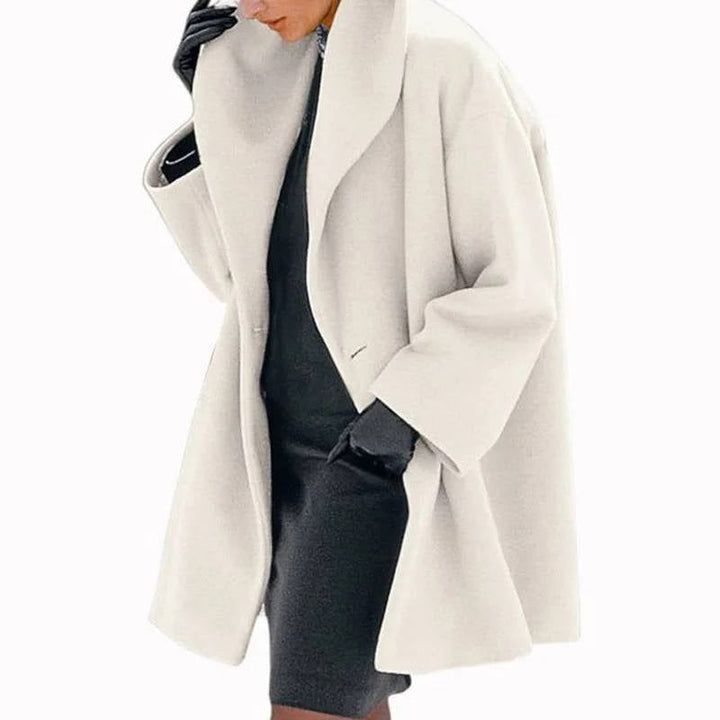 Rosalind white shawl collar longline wool coat, side view