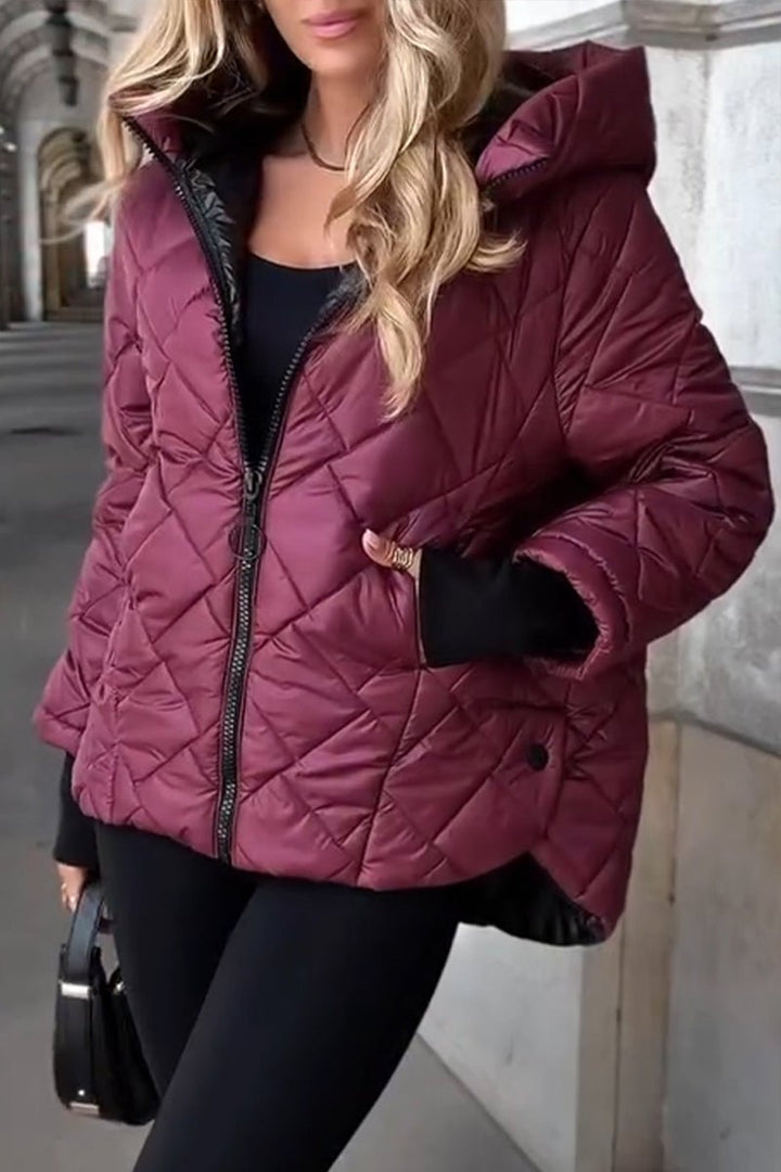 Rosamund wine red diamond quilted hooded puffer jacket, hood up front view