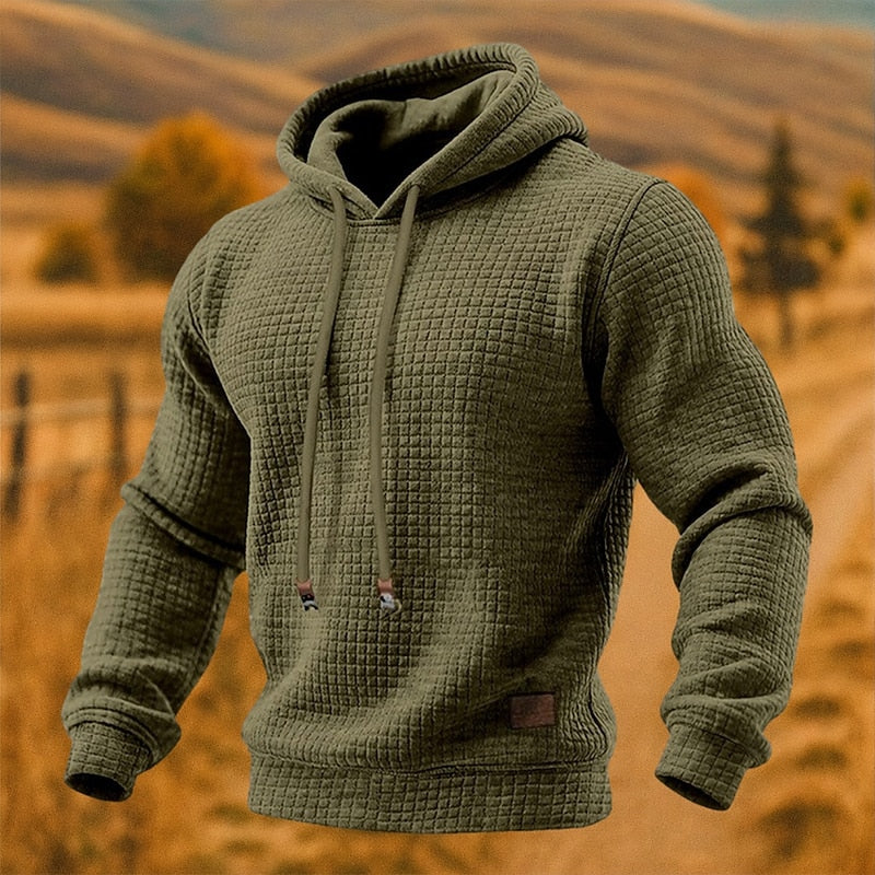 Rupert textured waffle knit pullover hoodie in army green, front view