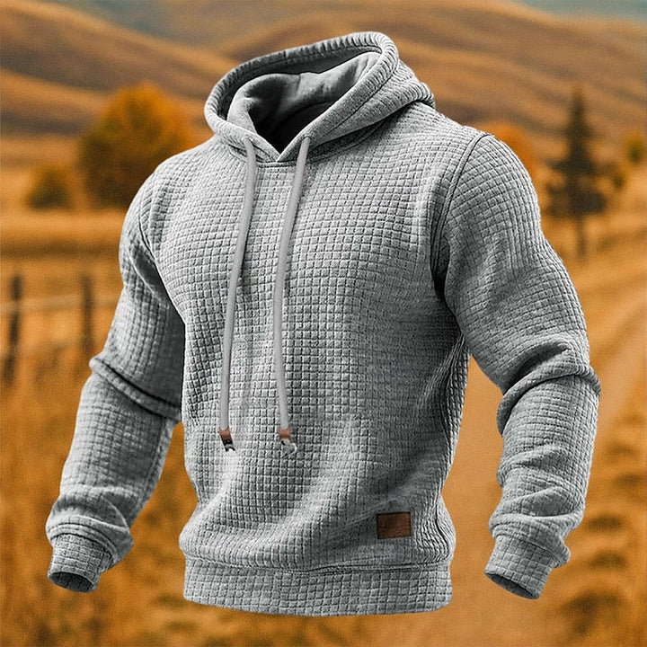 Rupert textured waffle knit pullover hoodie in light grey, front view
