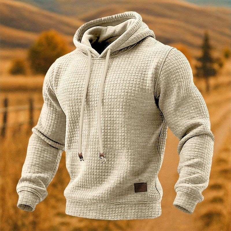 Rupert textured waffle knit pullover hoodie in apricot, front view