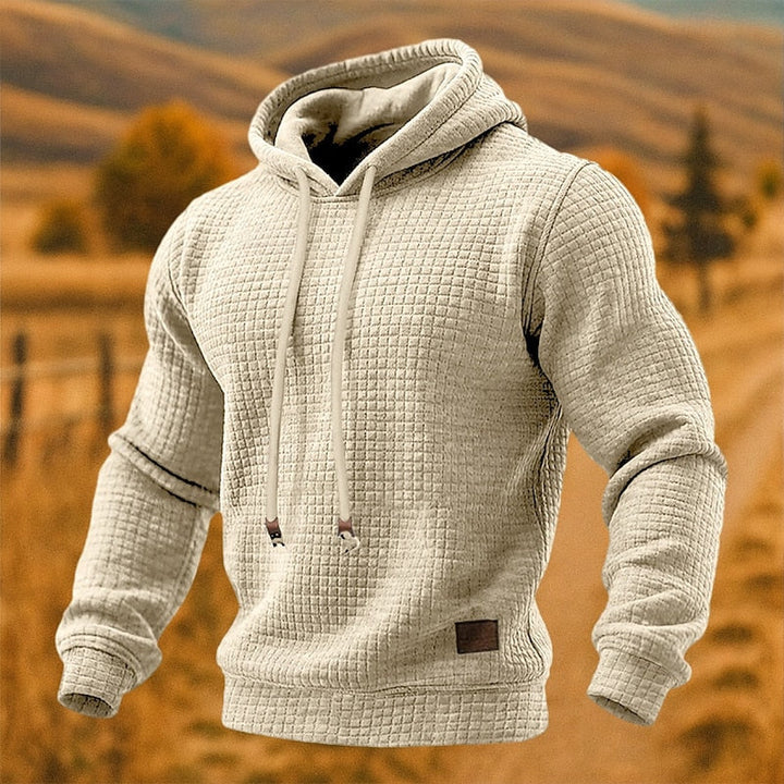 Rupert textured waffle knit pullover hoodie in apricot, front view