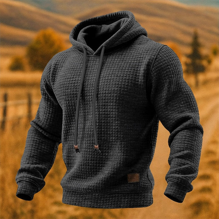 Rupert textured waffle knit pullover hoodie in dark grey, front view