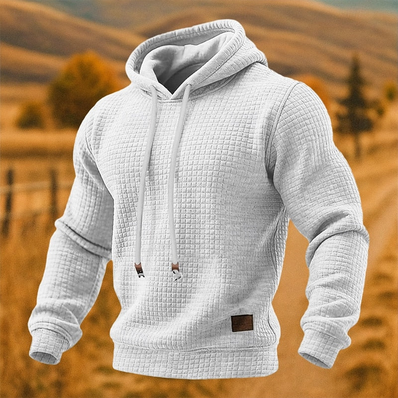Rupert textured waffle knit pullover hoodie in white, front view
