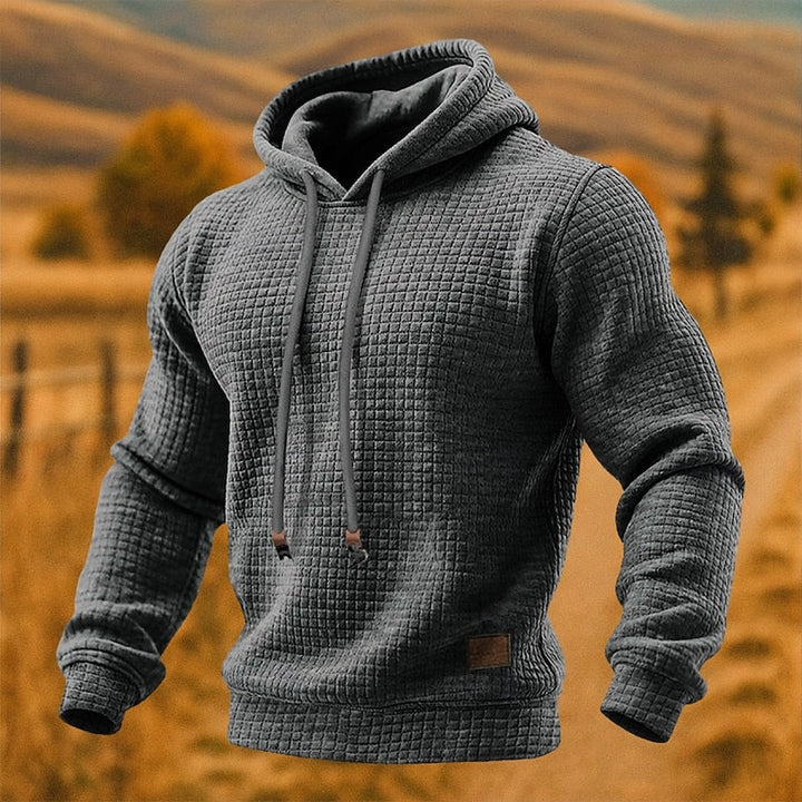 Rupert textured waffle knit pullover hoodie in charcoal grey, front view