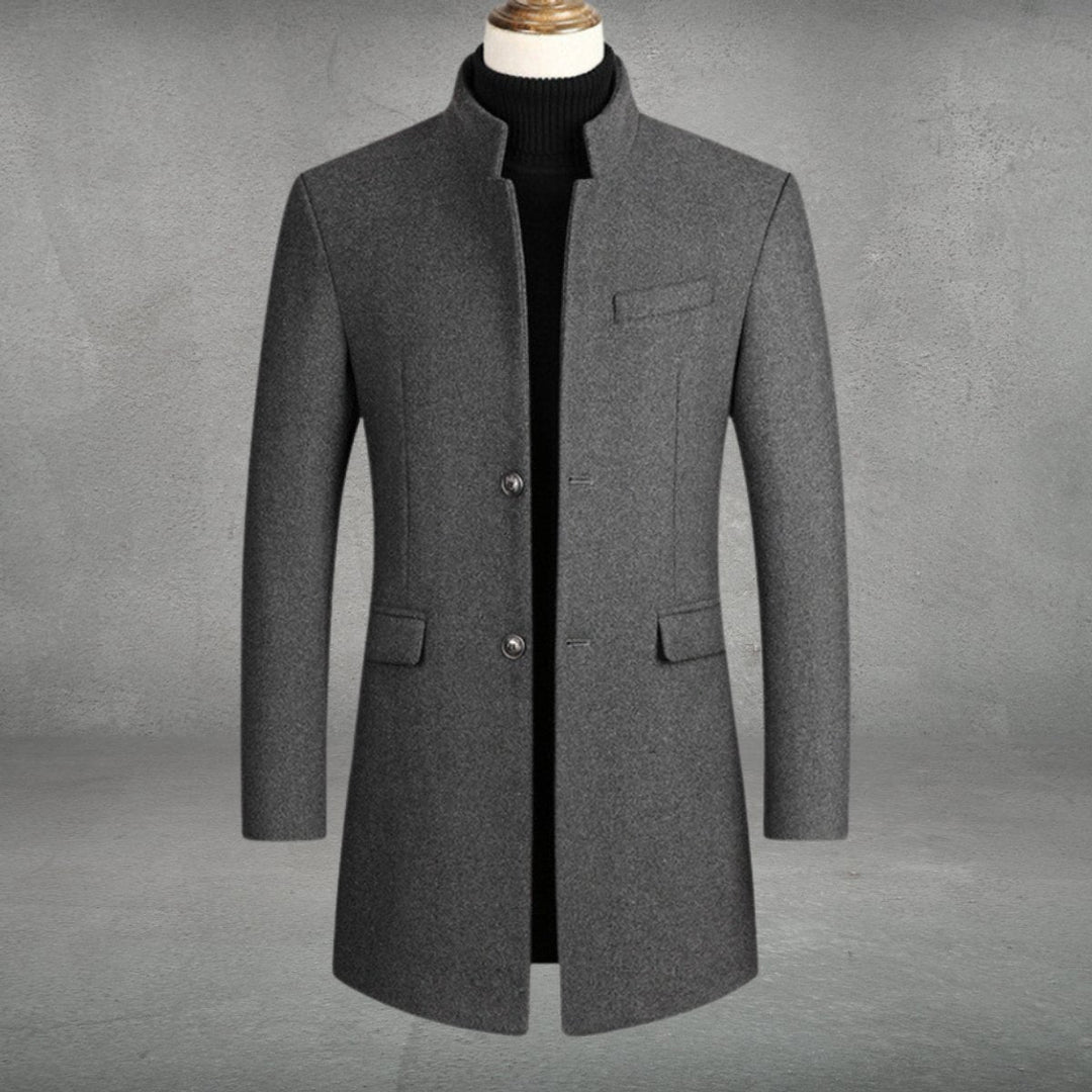 Sebastian slim-fit standing collar overcoat in grey, front view