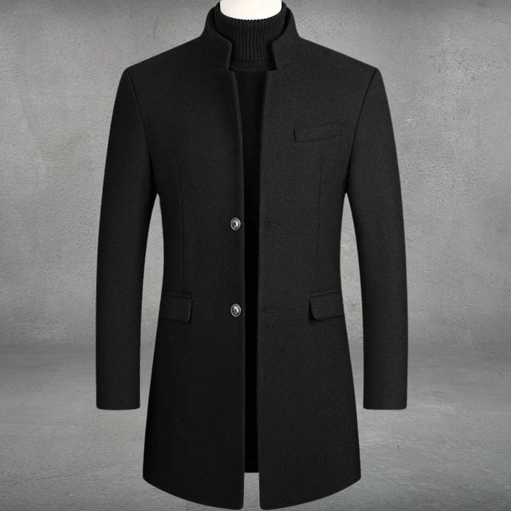 Sebastian slim-fit standing collar overcoat in black, front view