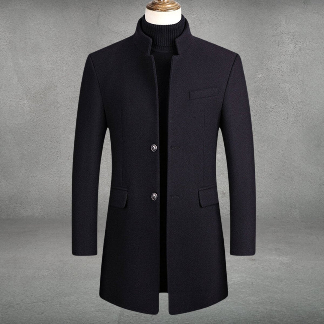 Sebastian slim-fit standing collar overcoat in navy blue, front view