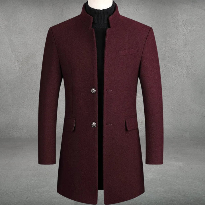 Sebastian slim-fit standing collar overcoat in burgundy, front view