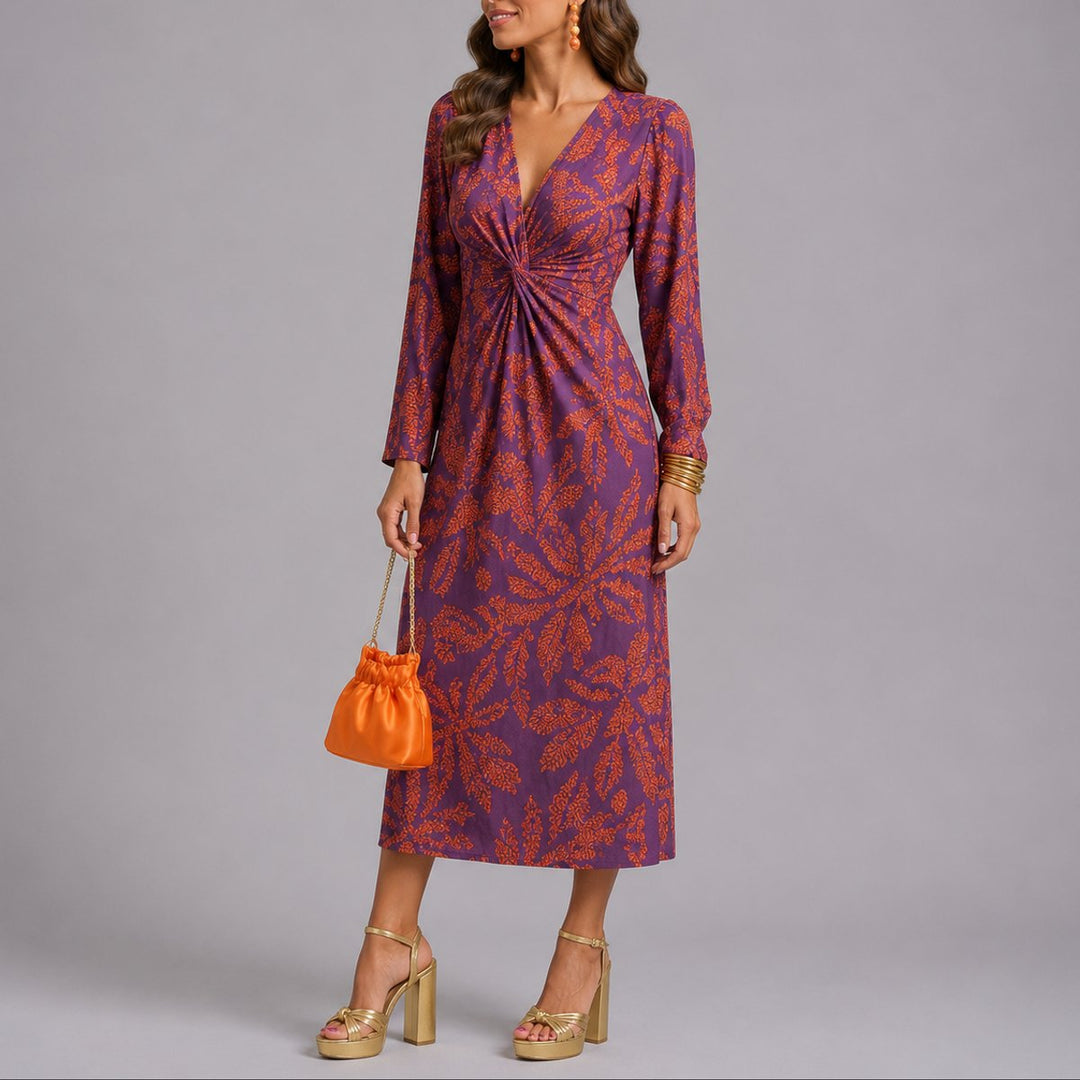 Sophie purple floral twist-front V-neck midi dress, front view