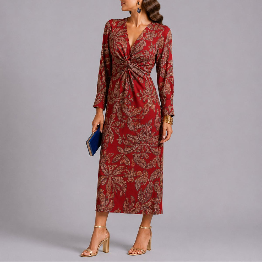 Sophie red floral twist-front V-neck midi dress, side view