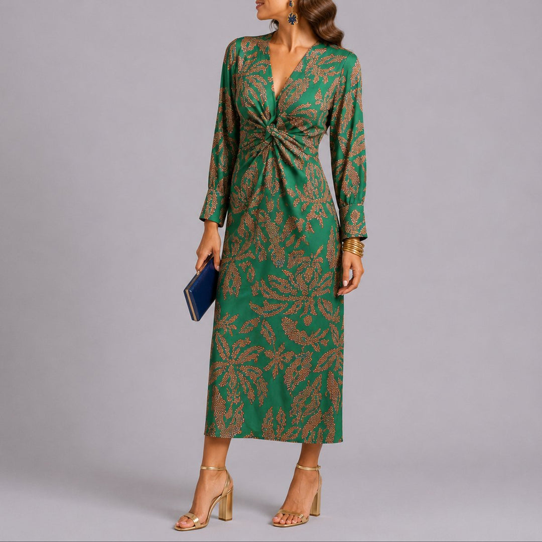 Sophie green floral twist-front V-neck midi dress, side view