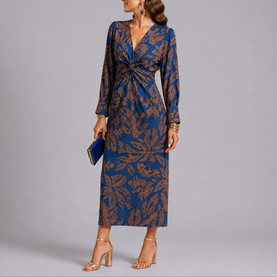 Sophie blue floral twist-front V-neck midi dress, side view