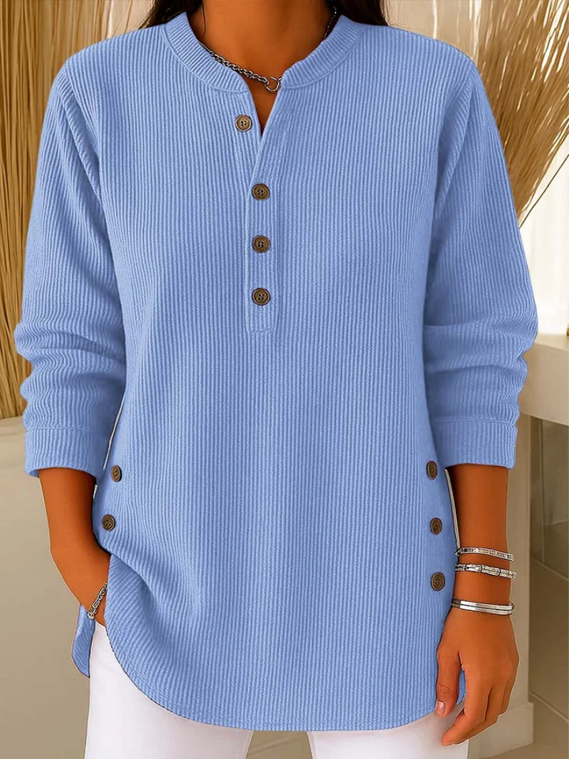 Sylvie ribbed button detail top in light blue, front view