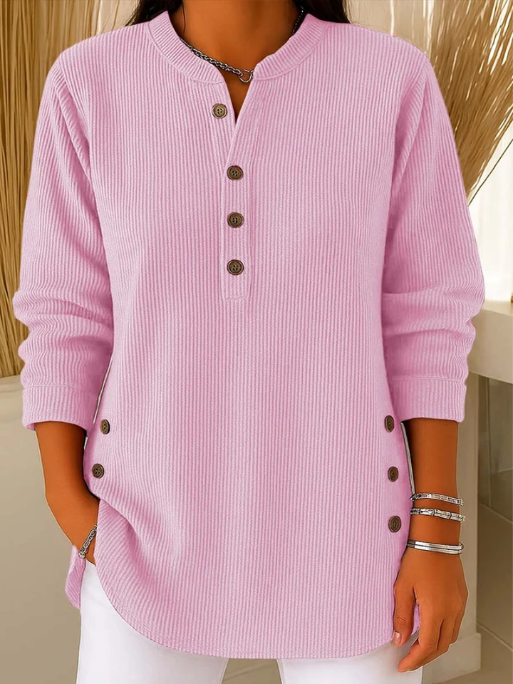 Sylvie ribbed button detail top in pink, front view