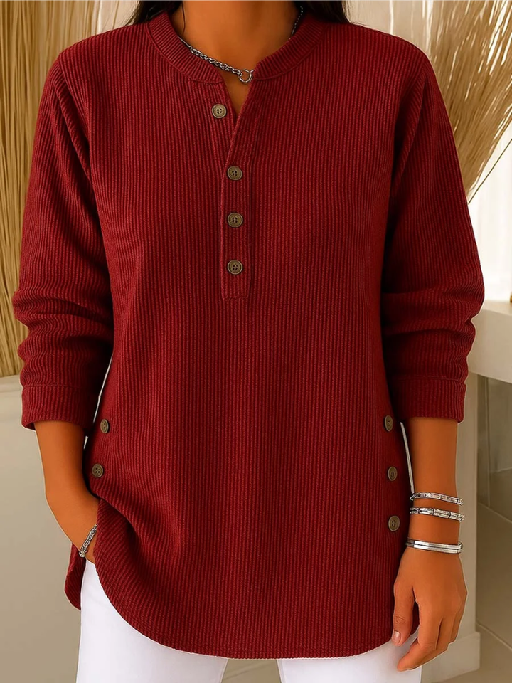 Sylvie ribbed button detail top in red, front view