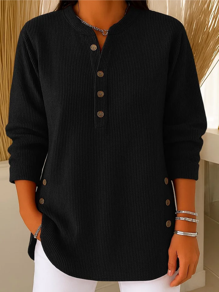 Sylvie ribbed button detail top in black, front view