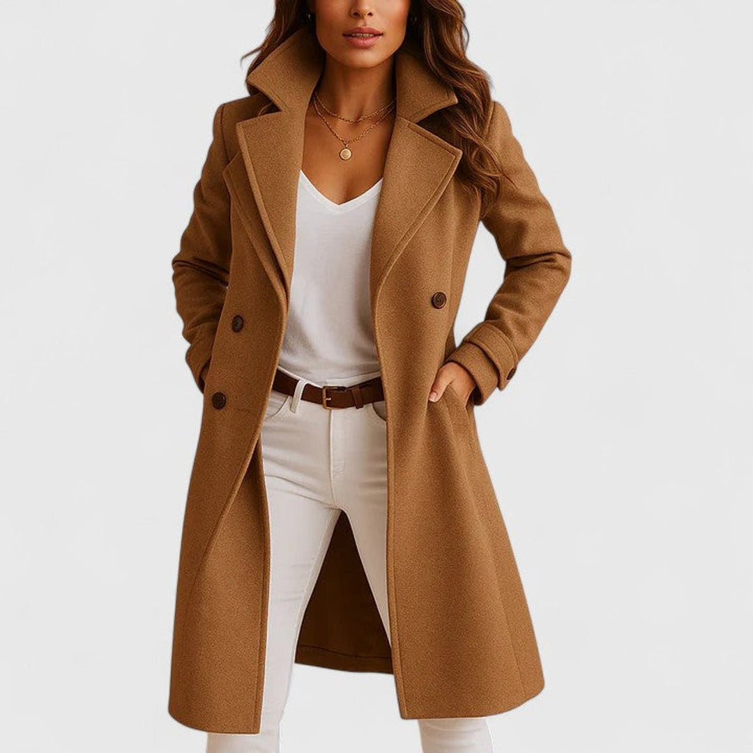 Sylvie tailored longline coat in camel, close-up front view with belt detail