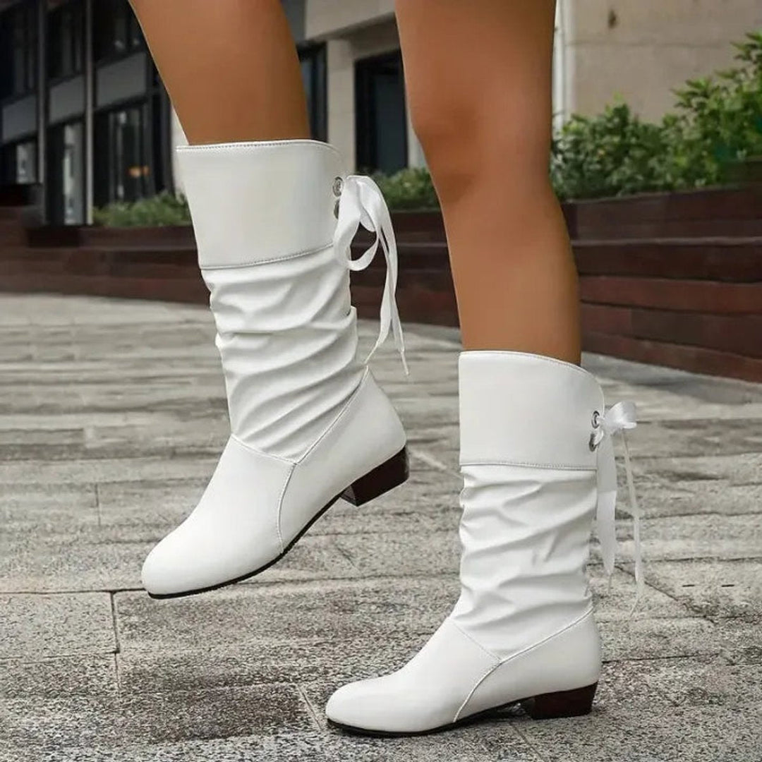Verity white ruched calf boots, side view