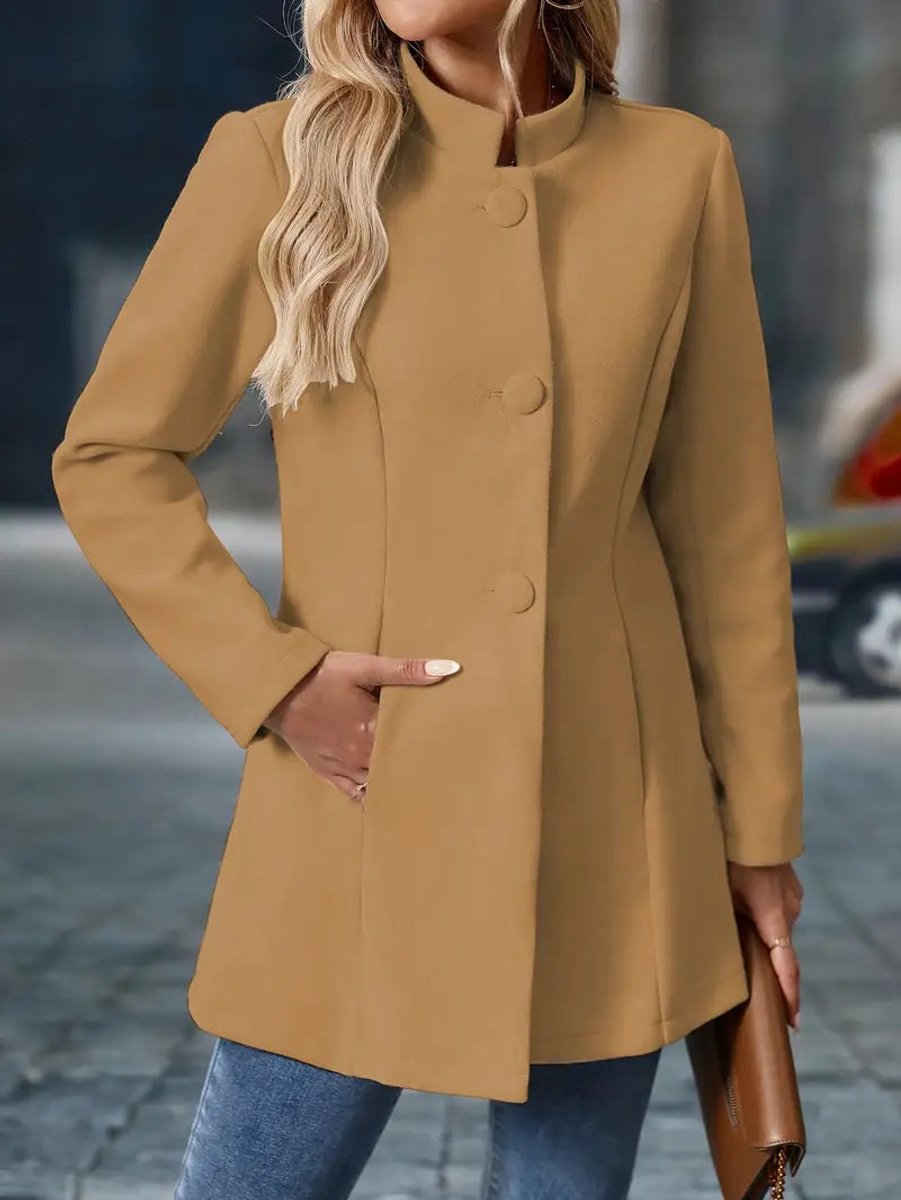 Wilhelmina camel stand-collar longline blazer coat, front view buttoned