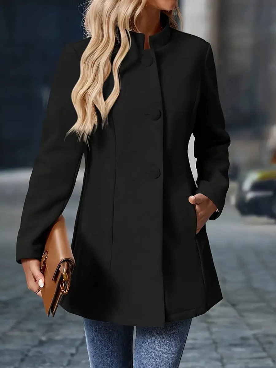 Wilhelmina black stand-collar longline blazer coat, front view buttoned