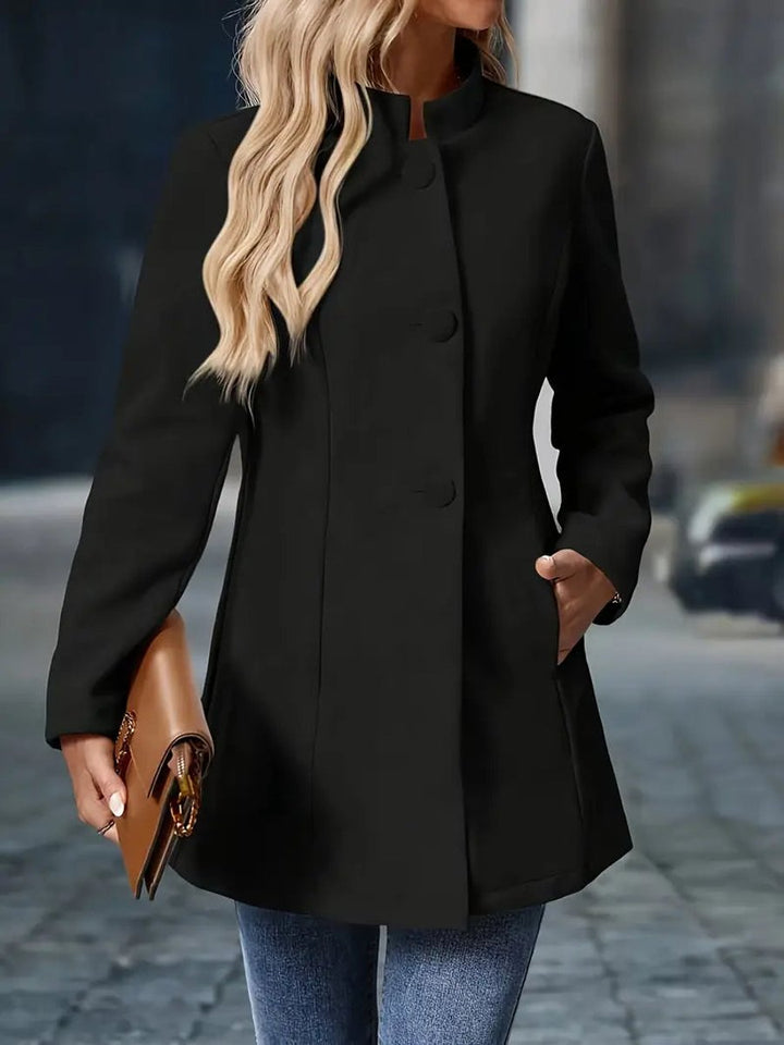 Wilhelmina black stand-collar longline blazer coat, front view buttoned