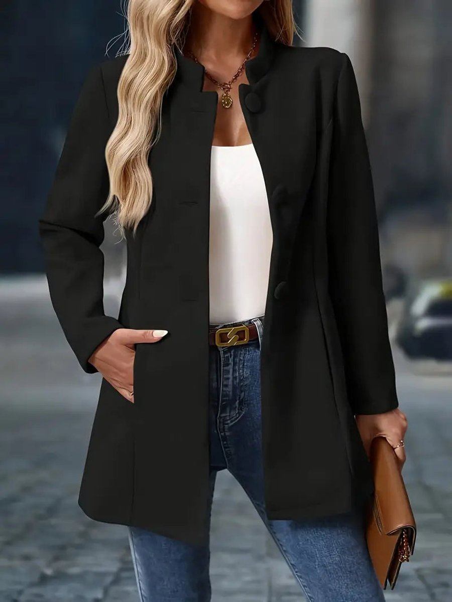 Wilhelmina black stand-collar longline blazer coat, front view open