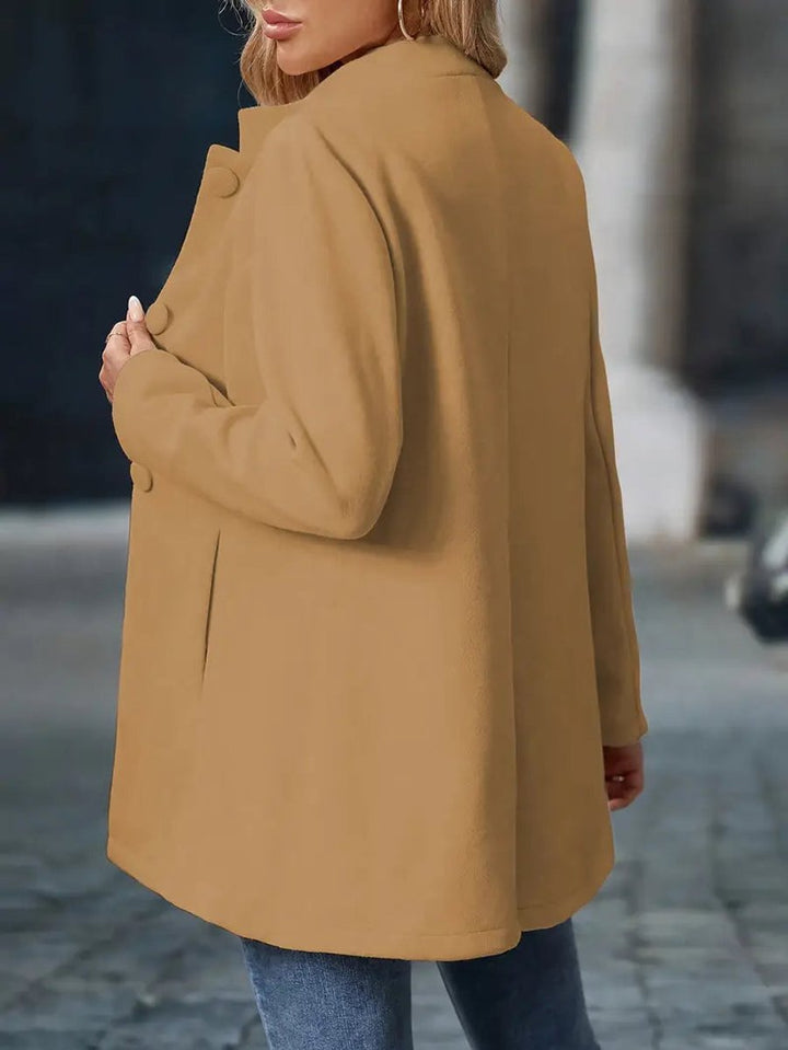 Wilhelmina camel stand-collar longline blazer coat, back view