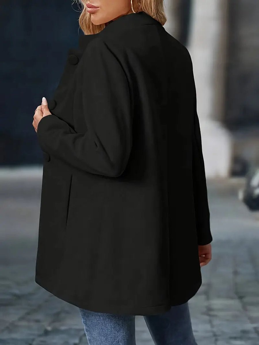 Wilhelmina black stand-collar longline blazer coat, back view