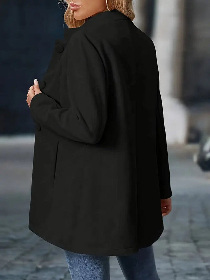 Wilhelmina black stand-collar longline blazer coat, back view