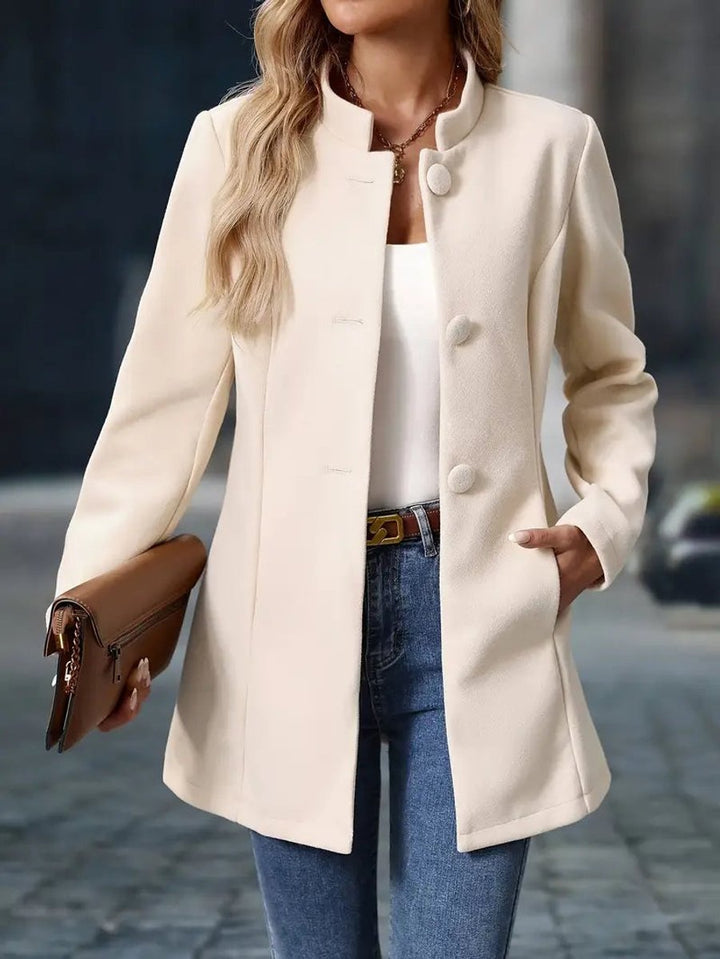 Wilhelmina cream stand-collar longline blazer coat, front view open