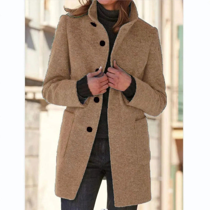 Winifred windproof stand collar midi coat in camel, front view