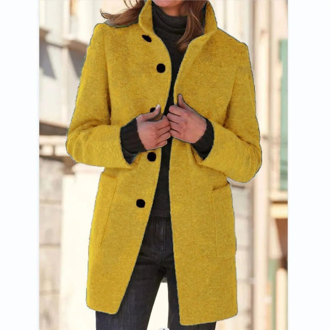 Winifred windproof stand collar midi coat in yellow, front view