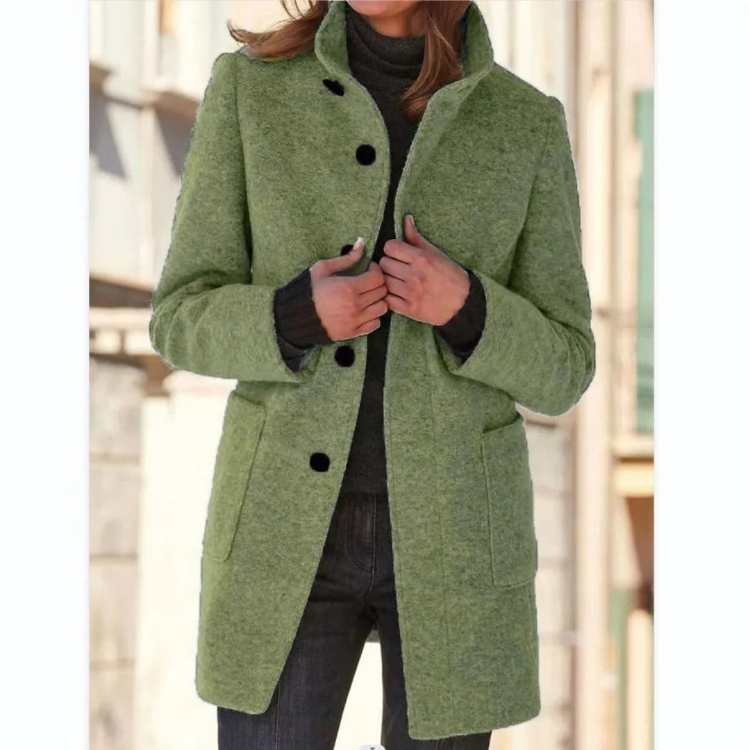 Winifred windproof stand collar midi coat in sage green, front view