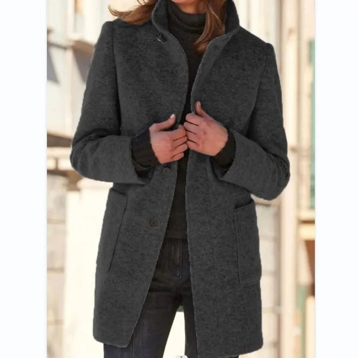 Winifred windproof stand collar midi coat in charcoal grey, front view