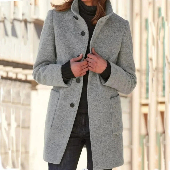 Winifred windproof stand collar midi coat in light grey, front view
