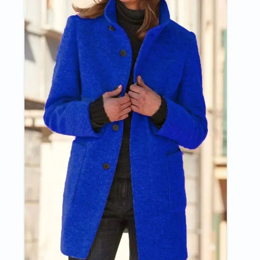Winifred windproof stand collar midi coat in royal blue, front view