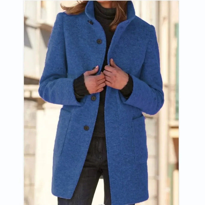 Winifred windproof stand collar midi coat in cornflower blue, front view