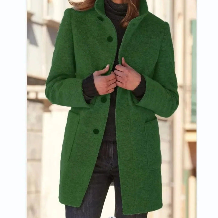 Winifred windproof stand collar midi coat in green, front view