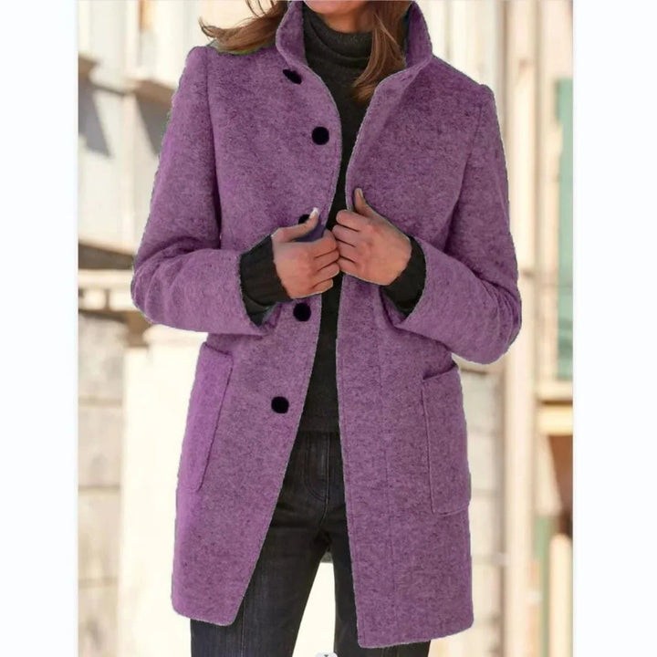 Winifred windproof stand collar midi coat in purple, front view