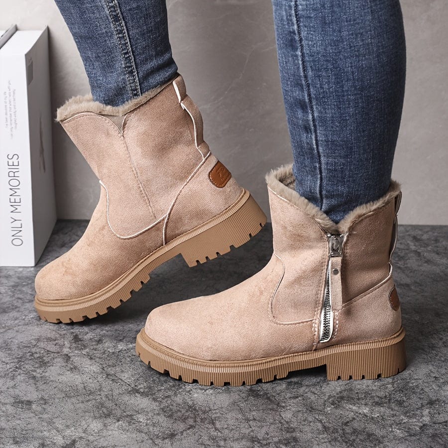 Wren fur lined ankle boots in beige suede, side view on model